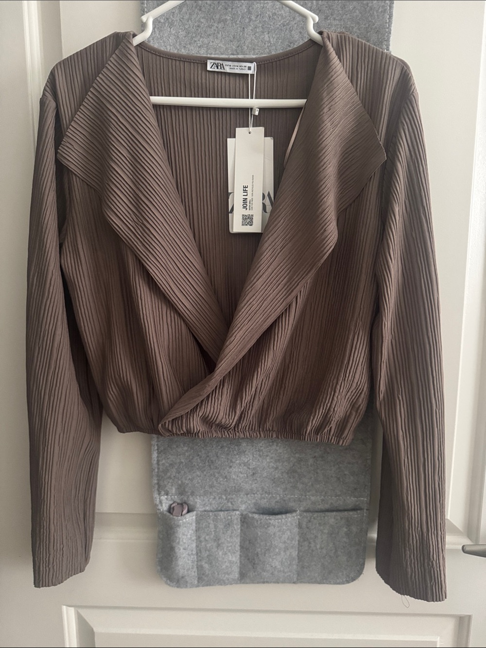 ZARA Taupe Pleated Wrap-Front Blouse